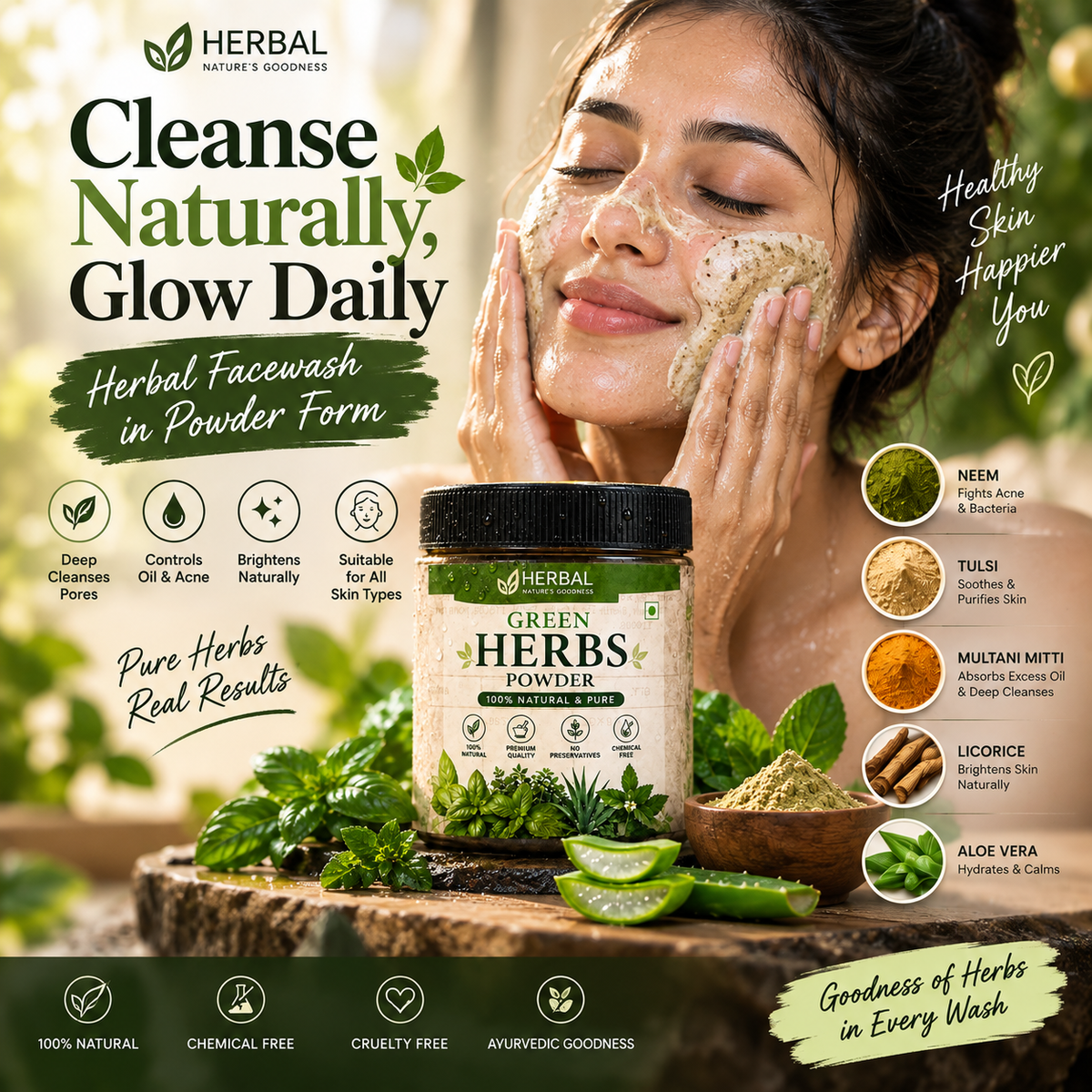 Herbal Face Wash Powder | Ayurvedic Natural Face Cleanser | Green Herbs Powder